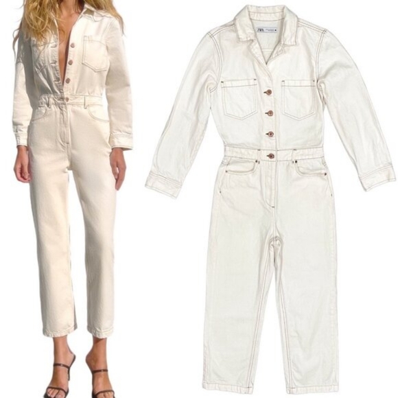 Zara Cotton Denim Jumpsuit Boilersuit with Contrast Topstitching XS Cream Jean
